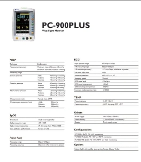 Max He Creative Medical 5-Para Patient Monitor Model PC 900PLUS with 7" Display